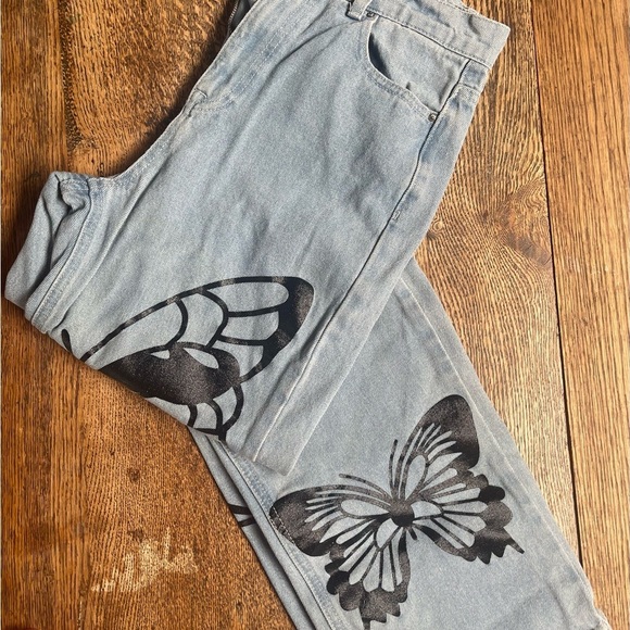 Society Black and Blue Flare Jeans with Artistic Butterfly Design. Boho - Picture 3 of 7